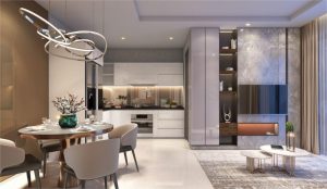 Phối cảnh nội thất phòng khách liền bếp hiện đại tại căn hộ Green Skyline