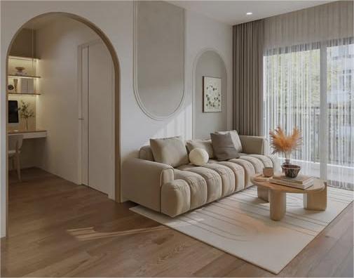 Nội thất phòng khách trang nhã với sofa tông be tại căn hộ Green Skyline