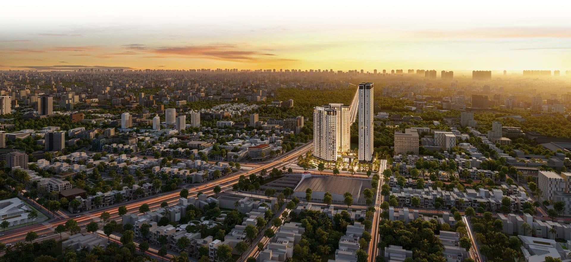 Phối cảnh tổng thể dự án Green Skyline nhìn từ trên cao vào lúc hoàng hôn